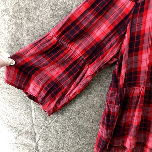 A.N.A. Boho Top Womens XXL Pink Plaid Rayon Wide Sleeve Tiered Peplum Button - Picture 5 of 9